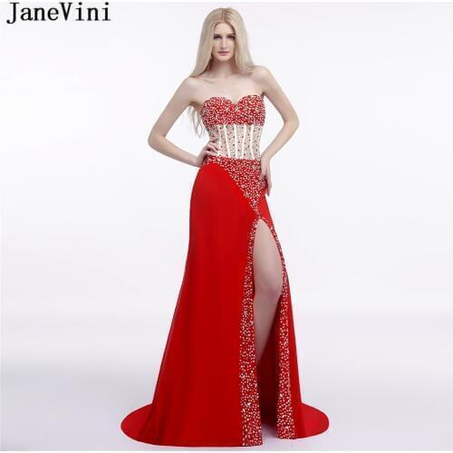 JaneVini Charming Beaded Red Mermaid Long Bridesmaid Dresses Sweetheart High Split Backless Satin Formal Prom Gowns Sweep Train