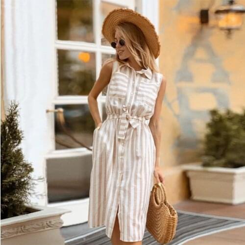Shyloli Women front pockets mid dress caual turn-down collar sleeveless khaki striped straight sashes dress 2021 new fashion