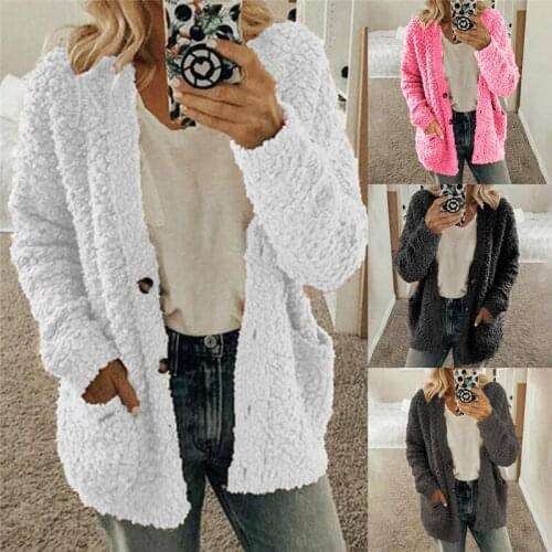 Winter Women Plush Sweater Fashion Solid Color Long Sleeves Pockets Loose Cardigans Female Button Casual Outwear