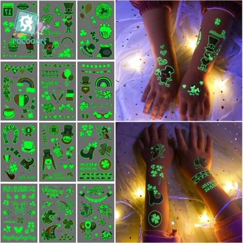 1Pcs Ireland Four Leaf Clover Luminous Temporary Tattoos Sticker Saint Patricks Day Fake Waterproof Tatoo For Children Party