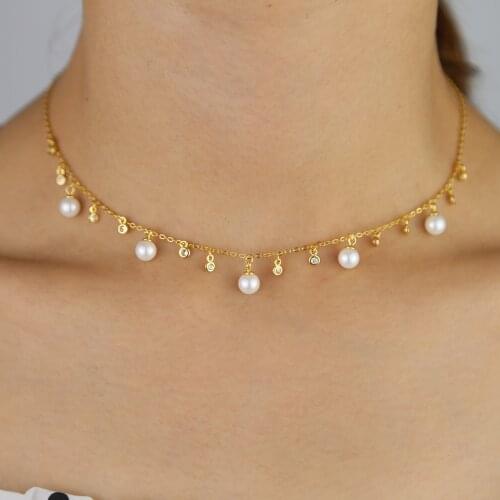 2019 Gold plated new fashion white pearl charming women wedding necklaces fine S925 sterling drip cz statement choker jewelry