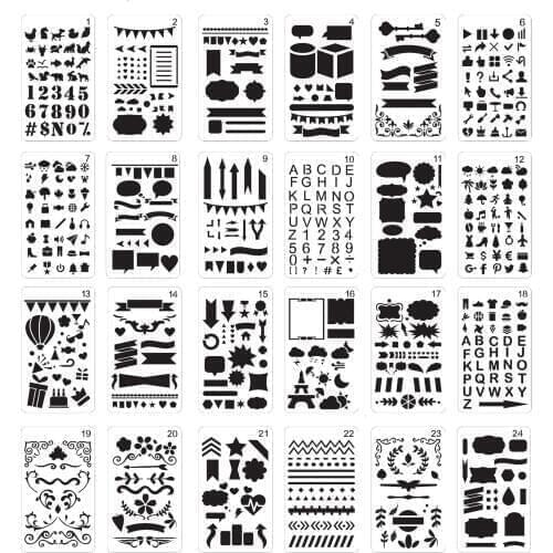 24pcs DIY Hand Account Drawing Template Bullet Journal Supplies Hollow Template Theme Making Mold Diary English Letter Template