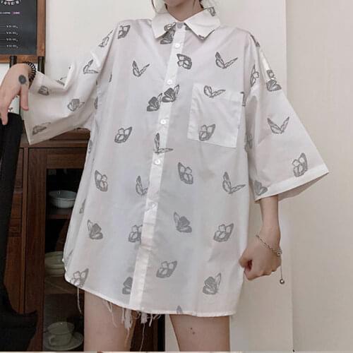 Reflection Butterfly Print White Vintage Loose Women Blouse Y2K Button Up Pocket Casual Shirts Womens Shirts 2021 Summer Clothes