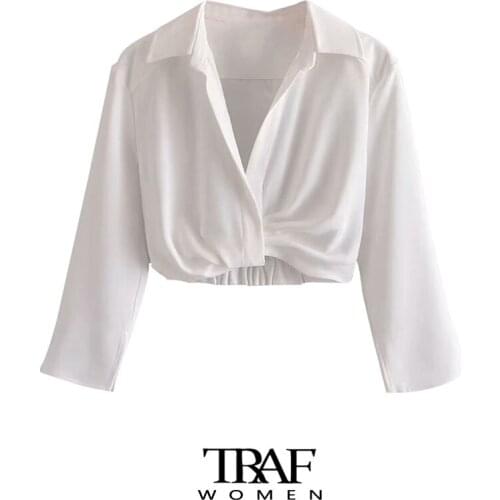 TRAF Za Women Fashion Pleated Cropped Blouses Vintage Three Quarter Sleeve Back Elastic Hem Female Shirts Chic Tops