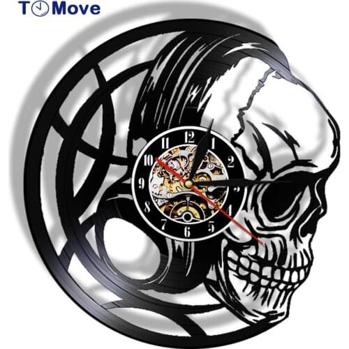 Black Skull Head Wall Clock Evil Skull Headphones Vinyl Record Wall Clock Battery Operated Living Room Art Decor Halloween Gift