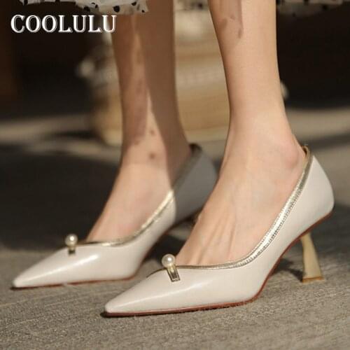 COOLULU Pointed Toe High Heels Natural Genuine Leather Woman Shoes Strange Style Heel Pumps Pearl Ladies Dress Footwear White 39