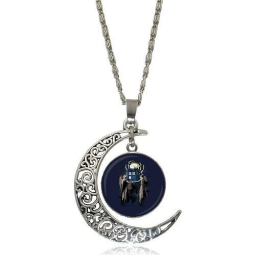 EJ Glaze For Women Silver Color Glass Cabochon With Hollow Out Moon Shaped Pendant Choker Necklace Dr Who Police Box