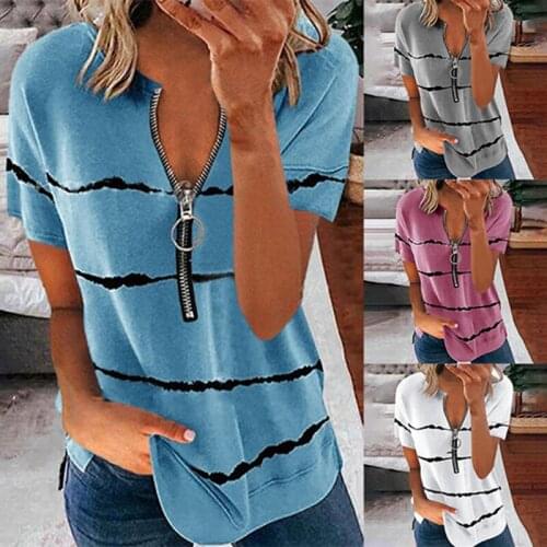 Harajuku T Shirt Women Clothing Striped Stitching Zipper Short Sleeve T-shirt Pullover Tops Tshirt Camisetas De Mujer