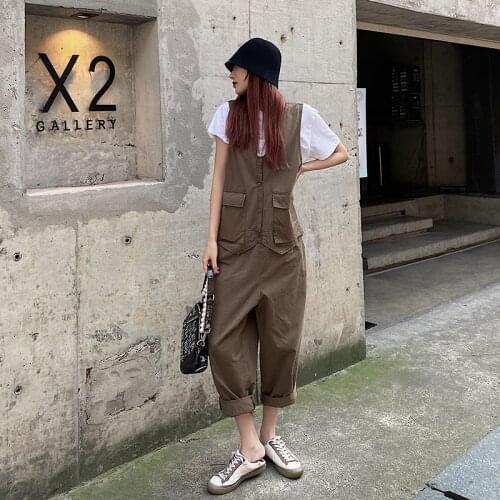 Women Overalls 2021 Summer Sleeveless V-neck Loose Streetwear Hip Hop One Piece Jumpsuit Cross Pants Rompers Straps Pants