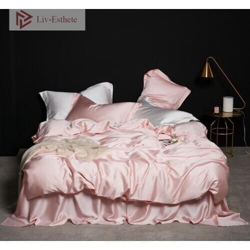Liv-Esthete Pink 100% Silk Bedding Set Queen King Solid Color Duvet Cover Bed Sheet Flat Sheet Pillowcace Bed Set For Deep Sleep
