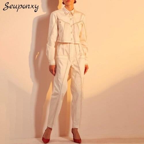 High Quality WomenS Rivet 2 Two-Piece Set 2021 Autumn Sexy Single-Breasted Lapel Jacket + High-Waist Straight-Leg Pants Set