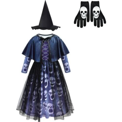 Halloween Child Witch Costume 4 Pieces Set Devil Elf Vampire Ghost Horror Dress 5-14 Years Girls Dress with Shawl C57690CH