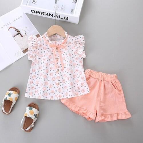 Summer Children Baby Girls Casual Cotton Clothes Set Flare Sleeve Floral Print T-shirt Tops+Shorts Costume Set