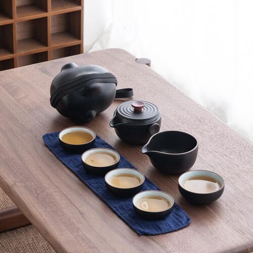 LUWU black crockery ceramic teapots tea cups portable travel tea sets with travel bag drinkware