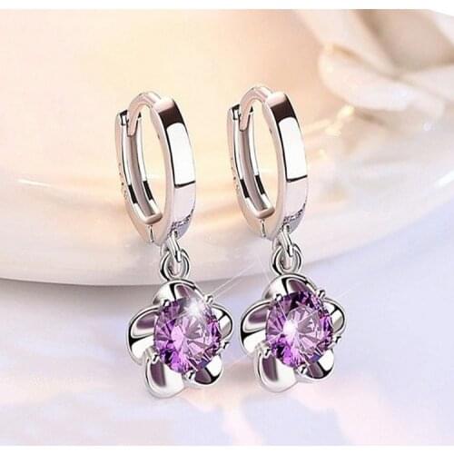 Cute Female Purple Crystal Stone Earrings Charm Silver Color Hoop Earrings Trendy Round Zircon Flower Wedding Earrings For Women