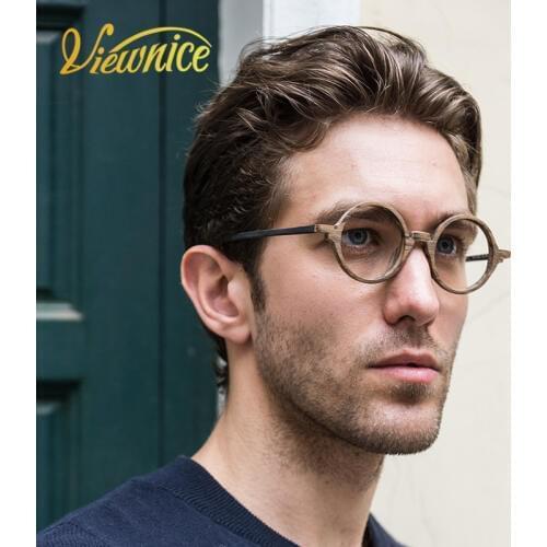 Viewnice Retro Mens Eyeglasses Wooden Acetate Frames Round Glasses Frame Women Myopia Wood Eyewear Anti-blue light Glasses Clear