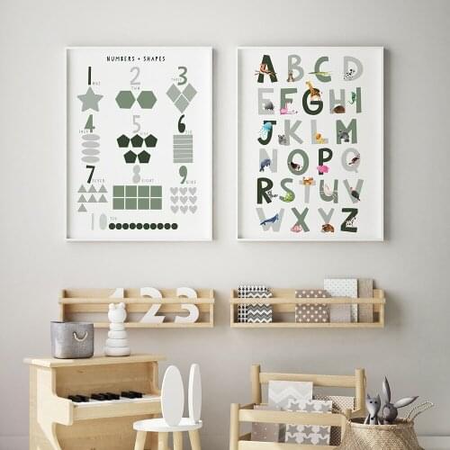 Green Alphabet Numbers Animal Wall Art Canvas Painting Nordic Posters and Prints Wall Pictures for Living Kids Room Decoration