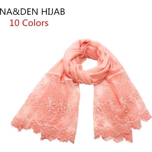 2019 NEW 10 Colors Pearls Lace Flowers hijab Hot sale plain Print color scarf scarves fashion Muslim headband popular hijabs