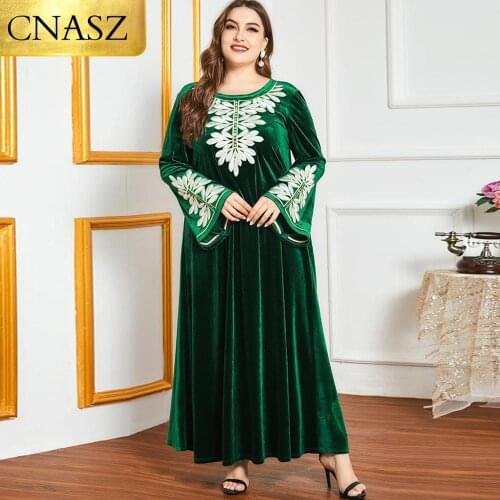 New Arrivals Plus Size Fashion Autumn and Winter Heavy Industry Embroidery Womens Thick Velvet Long-Sleeved Dress Green Dess