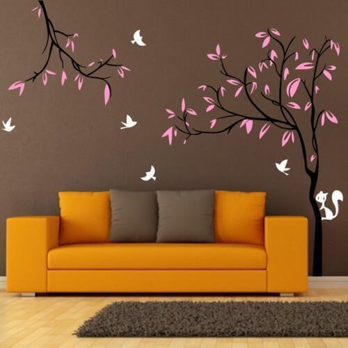 Custom 240X290cm Giant Tree Birds Squirrel TV Background Nursery Wall Stickers Removable Vinyl Decal Kids Baby Decor mural D377