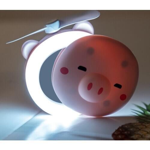 Portable Cartoon Pig Makeup Mirror with LED Light Pocket Fan USB Charging Handheld Mini Fan Summer Outdoor Night Light