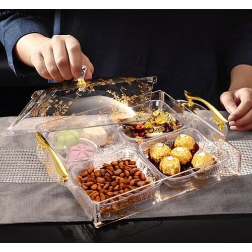 Transparent Acrylic Dried Fruit Snack Plate Rectangular 6 Squares Compartment Snack Platter Living Room Candy Tray with Cover