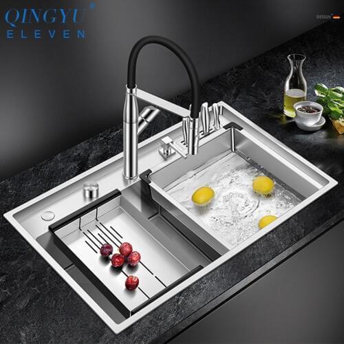2020 Luxury 304 Stainless Steel Kitchen Stepped Sink 4mm Thickness 220mm Depth Large Size Handmade Brushed Stepped Kitchen Sinks