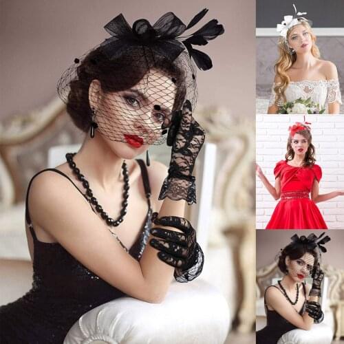 Hat Bowknot Feathers Mesh Headband Short Lace Gloves For Cocktail Tea Party Headband Hair Accessories Feather Mesh Hat 2021 New