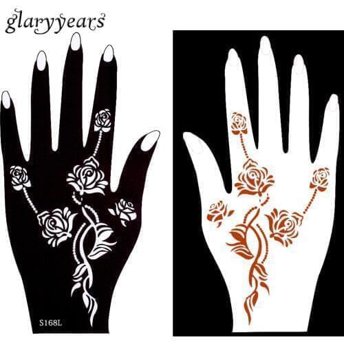 3 Pairs Mehndi Hollow Henna Tattoo Stencil Rose Flower Colored Drawing Hands Art Women Girl Make up Stencil Template New S100#02