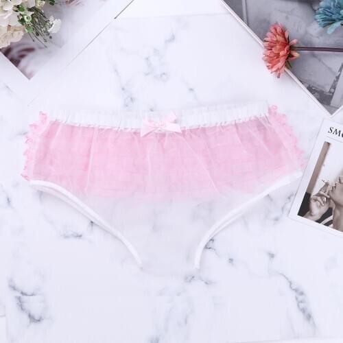 Mens Pink Frilly Ruffle Lace Trim Transparent Organza Sissy Panties Lingerie for Male Bikini Briefs Sexy Erotic Gay Underwear