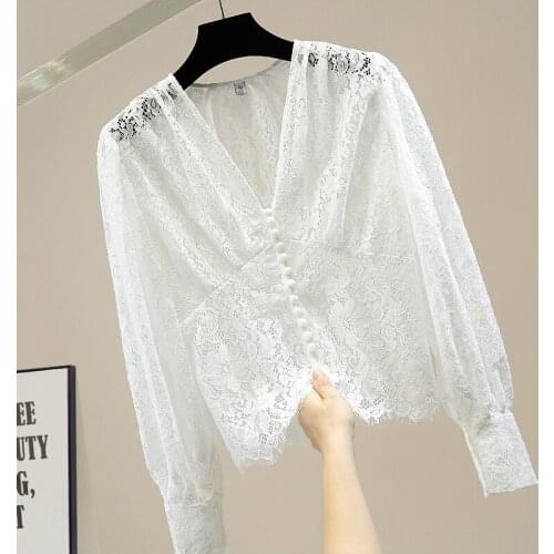 Vintage Single-Breasted V-neck Lace Blouse for Women Crocheted Cutout Perspective Long Sleeve Lace Shirt Lady All-match Tops