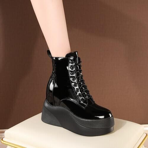 2020 New winter Japan South Korea ankle Women boots Genuine leather 8cm wedges Fashion boots black Women shoes High help