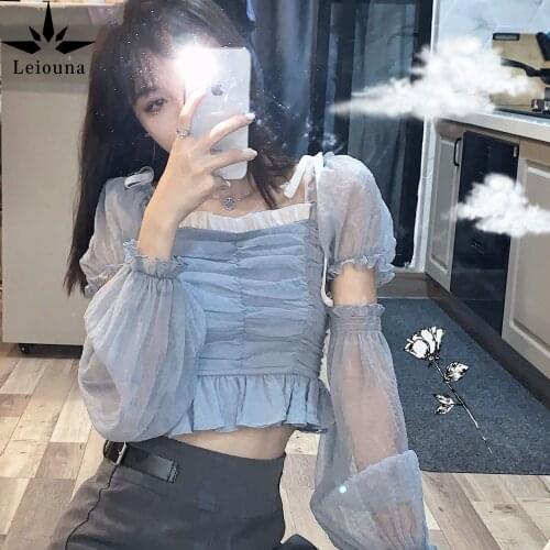 Leiouna Square Collar Women Shirts Spring Gauze French Elegant Palace Style Ladies Sweet Ruffled Stitching Chiffon Blouse