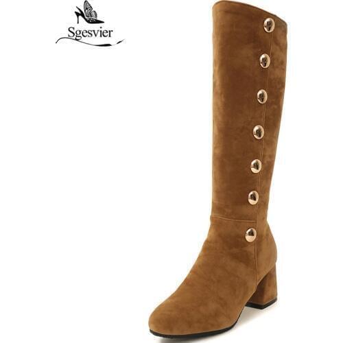 Sgesvier Black Gray Brown Rivet Metal Design Flock High Heels Knee High Boots Women Winter Shoes 2018 Footwear Ladies Boot B710