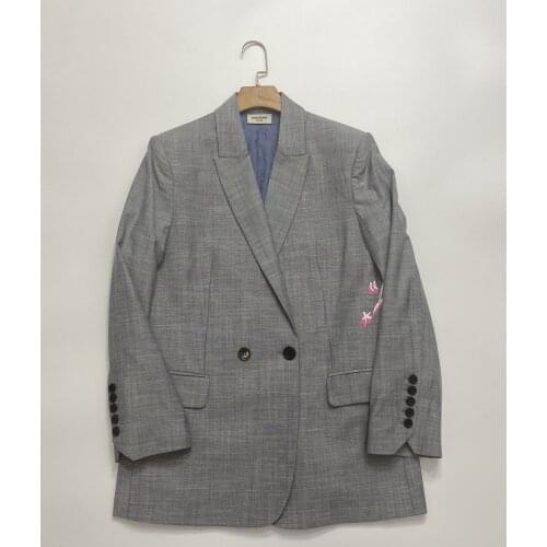 2021 Casual Grey Suit Jacket Plaid 100% Wool Coats Blazer Women
