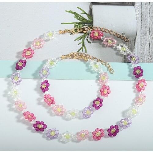 Miwens Elegant Purple Pink Acrylic Flower Choker Necklace for Women 2021 Trendy Multicolor Resin Floral Bracelets Necklaces Set