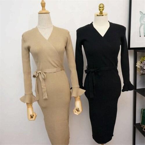 Sanishroly 2018 Women Long Sweater Dress Autumn Winter V-Neck Sashes Knitted Dresses Ladies Butterfly Sleeve Dress Vestidos S203