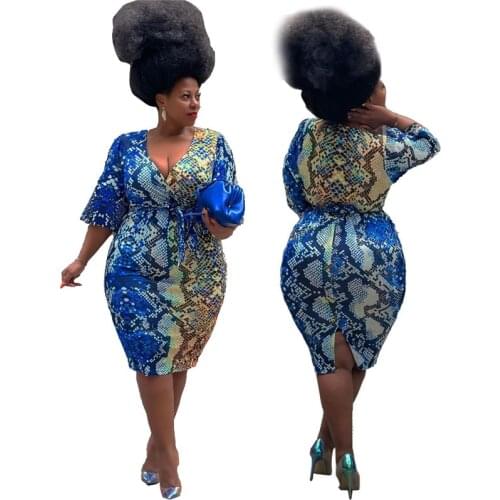 Summer Dresses Women Plus Size V Neck High Waist Ladies Blue Dress with Lace Up Vintage Dress Elegance Wholesale Dropshipping