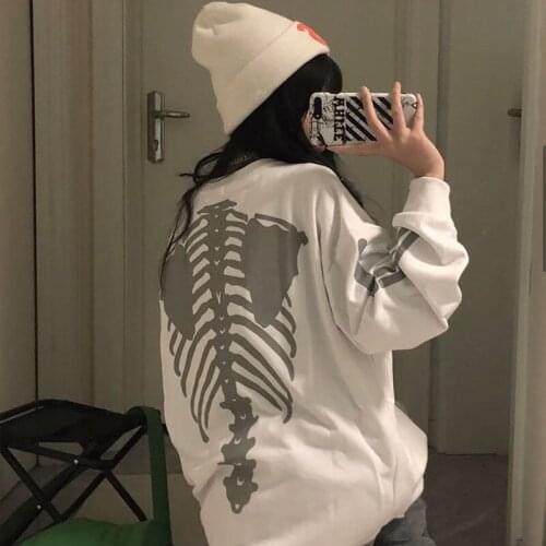2021 Vintage Skeleton Skulls Print Sweatshirt For Women Fashion Plus Size Loose Pullover Femme Street Hip Hop Punk Sweatshirt