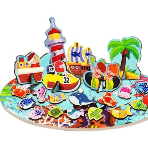 3D Wooden Fishing Game Toy Magnetic Educational Toys For Children Puzzle Game Ocean Farm Scene Jigsaw Children Building Toys