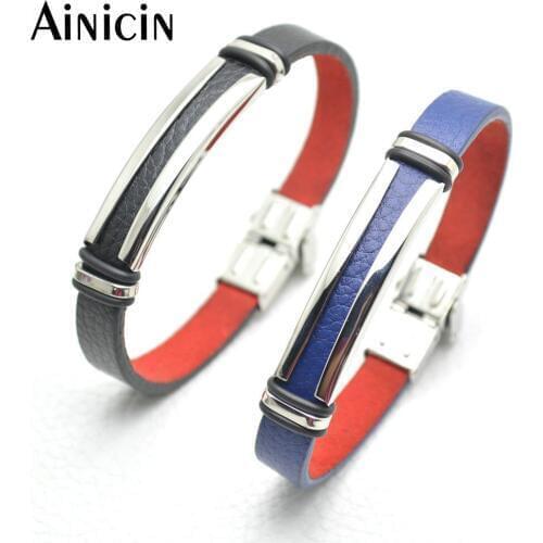 5pcs 10mm Wide Blue Black Color Genuine Leather With Stainless Steel Charms Bracelets Fashion Men Jewelry Birthday Gift