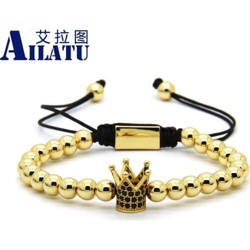 Ailatu Powerful Jewelry Wholesale Best Quality 6mm Gold Color Round Beads with Black Cz Crown Kings Macrame Bracelet