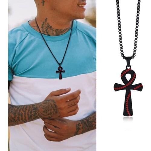 BASEBALL EGYPT ANKA CROSS STAILESS STEEL JEWELRY CHARM BLACK PENDANT NECKLACE FOR MEN