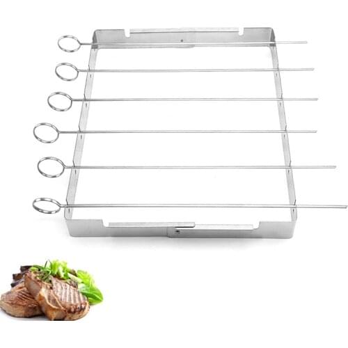 BBQ Skewer Holder with 6pcs Stainless Steel BBQ Sticks Fork BBQ Skewer Rack for Grilling Shish Kebob skewers Durable Foldable