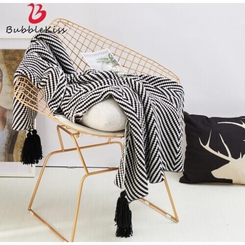 Bubble Kiss Nordic Sofa Throw Blanket Cotton Knitted Office Nap Cover Blanket Thicken Black White Stripe Travel Portable Blanket