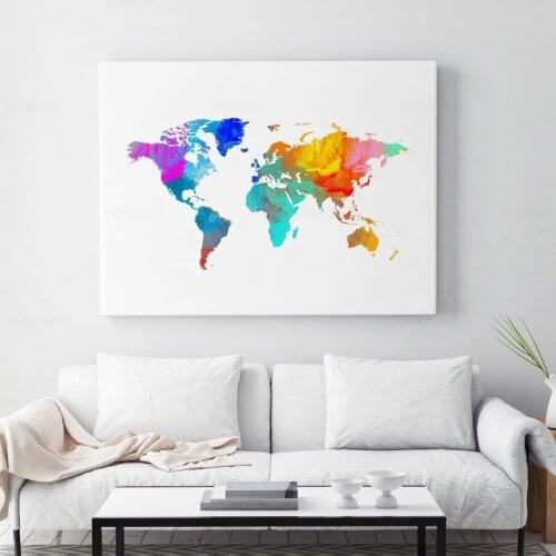 Watercolor World Map Oil Painting Nordic Posters and Prints Wall Art Canvas Painting Wall Art for Living Room Bedroom Home Decor