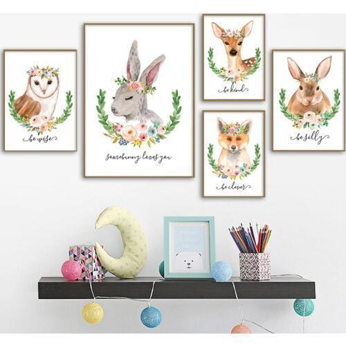Watercolor Animal Nursery Canvas Poster Prints Deer Rabbit Wall Art Painting Nordic Decoration Pictures Kid Room Home Decor