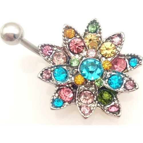 316l Stainless steel Rhinestone Flower colorful Crystal Belly Navel Button Bar Ring Piercing body jewelry