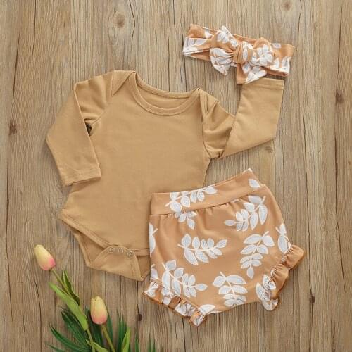 3Pcs Baby Girl Shorts Set Long Sleeve Plain Romper Ruffle Leaf Print Shorts Headband Outfits Set