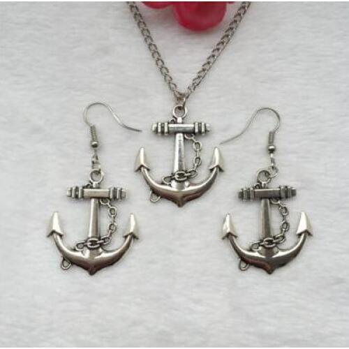Fashion Jewelry Set Vintage Silver Anchor Charm Statement Necklace Earrings Dangle Jewelry Set Women Accessories Gifts B130